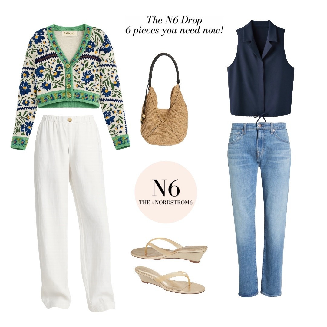 The May N6 Drop—6 fresh, easy pieces for the season.

1. Linen trousers — fit true to size. I’m wearing a size 2.
2. Tie-front top — fits true to size.
3. Farm Rio cardigan — fits true to size. I’m wearing a small for a relaxed fit.
4. AG Jeans Slouchy Boyfriend jeans — fit true to size. I typically wear a 25/26 and am wearing a size 26 for a more relaxed fit.
5. Schutz wedge — runs true to size. I wear a size 6.
6. Madewell raffia bag — the perfect easy summer bag.




#LTKSeasonal #LTKootd #LTKOver40
