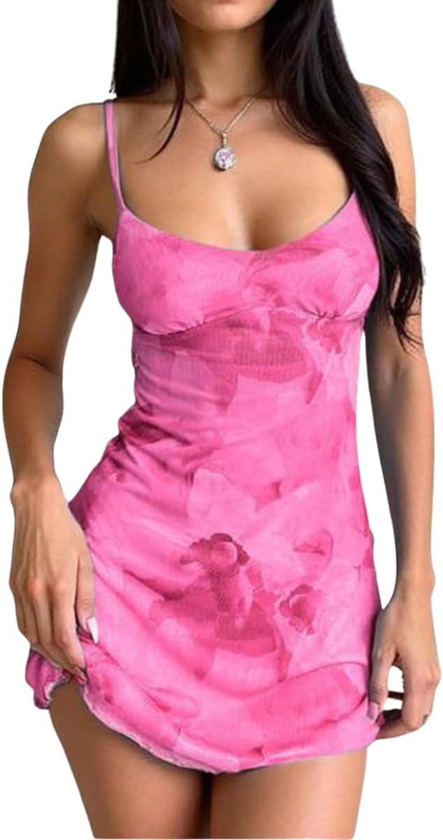 Women 2026 Sexy Floral Mesh Spaghetti Strap Bodycon Mini Dress Trendy Tight Fit Sleeveless Backle... | Amazon (US)