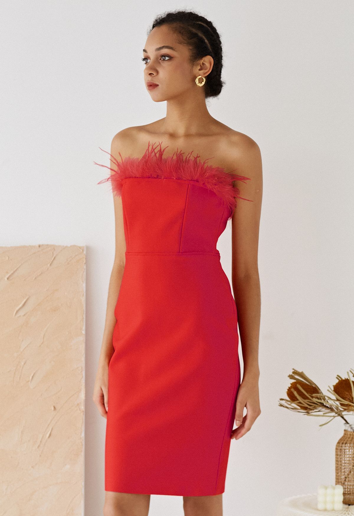 Feather Trim Bodycon Tube Cocktail Dress in Red | Chicwish