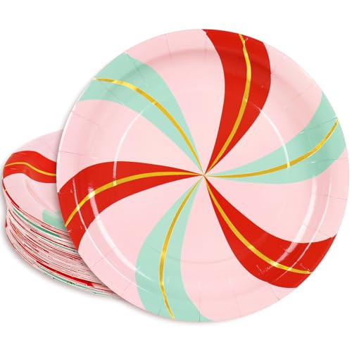 JarThenaAMCS 50Pcs Christmas Paper Plates Gold Foil Candy Cane Stripe Disposable Plates Pink Red Green Dinner Dessert Plate for Xmas Winter Party Tableware Supplies | Amazon (US)