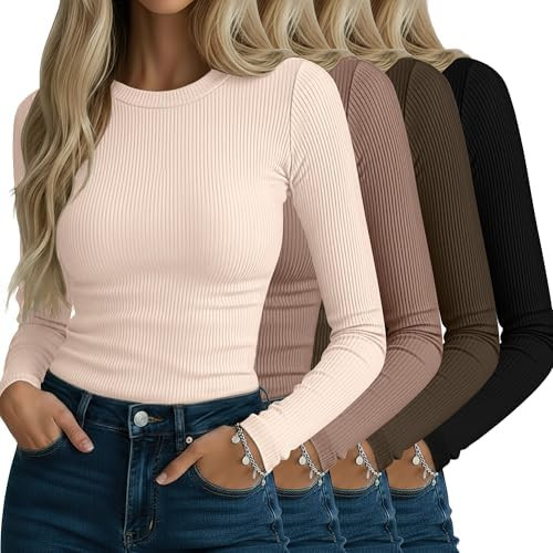 Neer 4 Pack Women's Ribbed Long Sleeve Shirts, Cotton Crew Neck Slim Fit Tops Stretch Knit Casual... | Amazon (US)