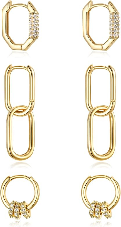 FANZE 3Pairs 14K Gold Plated Hoop Earrings Set, Huggie Hoop Earrings for Women, Chunky Gold Hoop ... | Amazon (US)