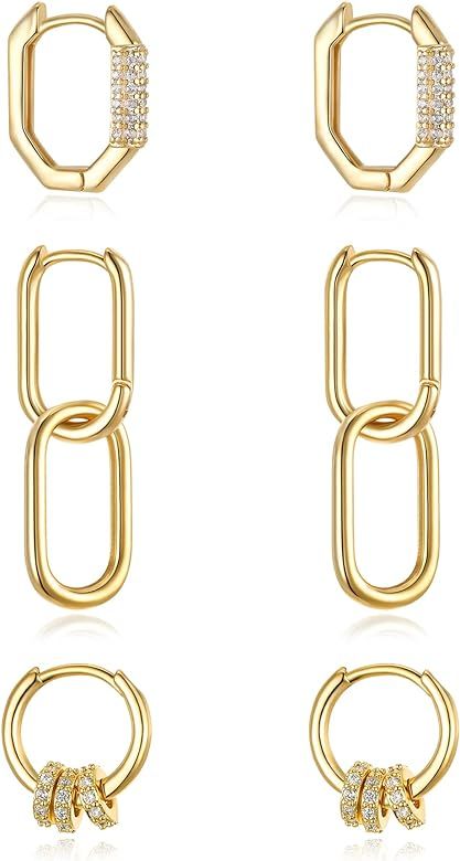 FANZE 3Pairs 14K Gold Plated Hoop Earrings Set, Huggie Hoop Earrings for Women, Chunky Gold Hoop ... | Amazon (US)