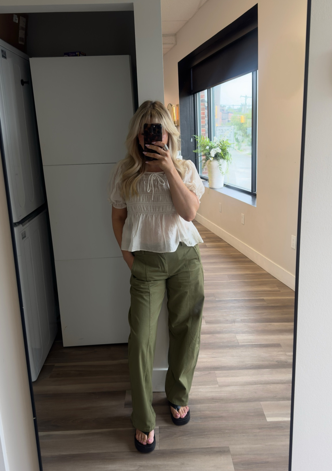 Sheer cream top size small 
Green barrel pants size 4 (for some reason the red pops up on the link but they have several colors) 
Black platform sandals size 7 
