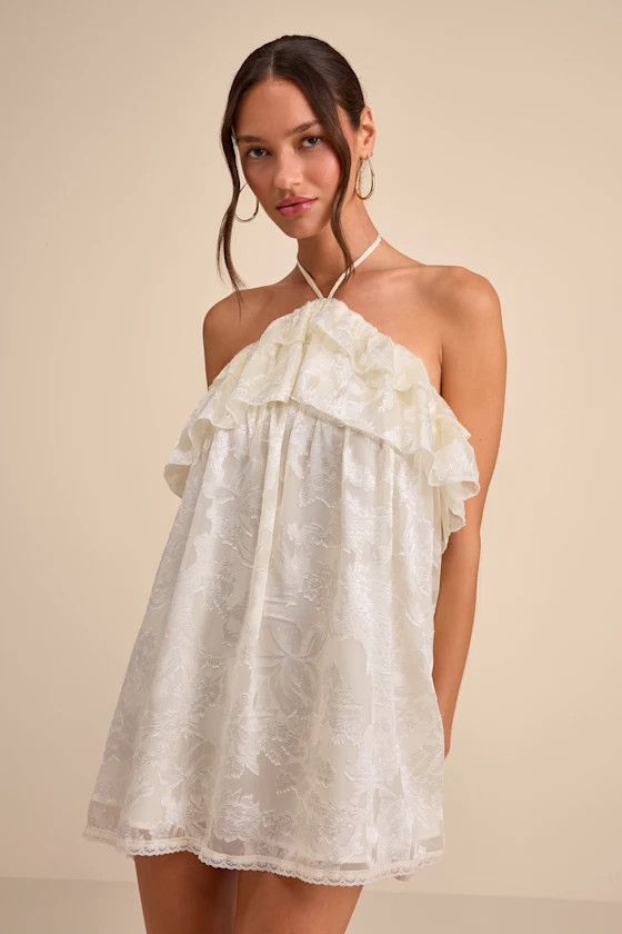 Erika Ivory Floral Burnout Halter Mini Dress | Lulus