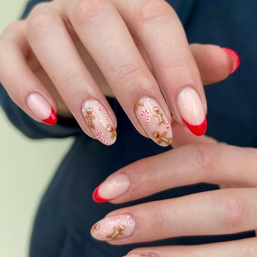 Christmas Press on Nails Short Oval Fake Nails with Designs Gingerbread Man Stick on Nail French Acrylic False Nail Candy Cane Artificial Nail Full Cover Glue on Nails for Women | Amazon (US)