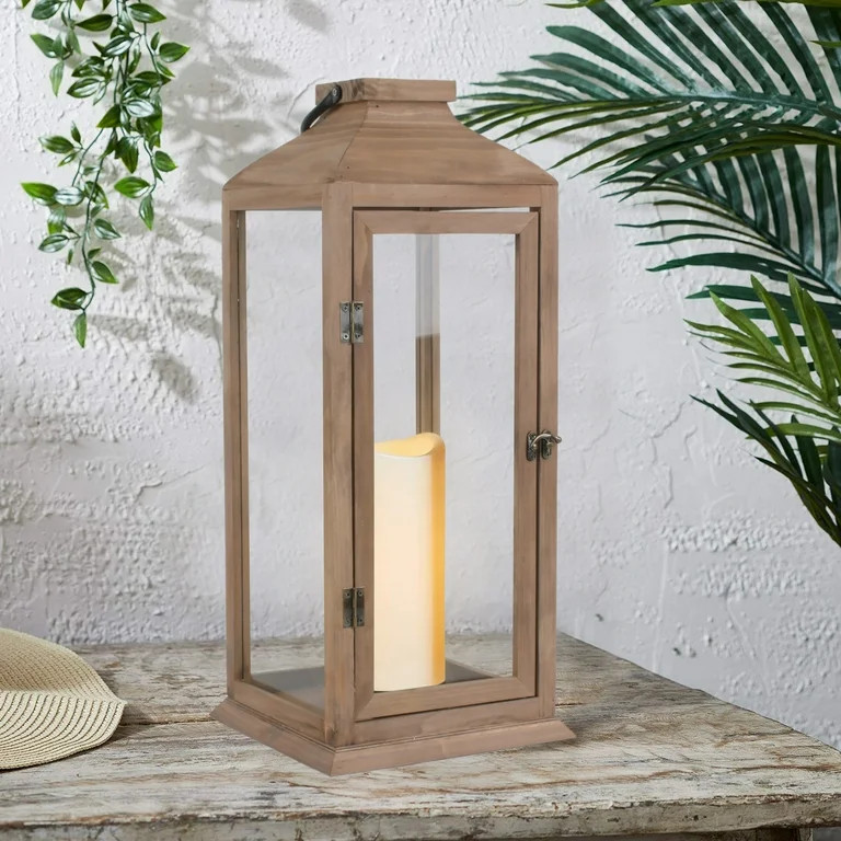 Better Homes & Gardens 18.6" Battery Operated Outdoor Natural Wood and Glass Lantern with Removab... | Walmart (US)