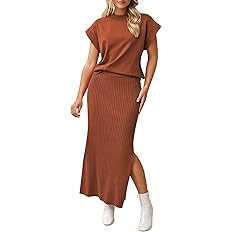 Pink Queen Women's 2 Piece Sweater Outfits Set Summer Cap Sleeve Tops Bodycon Maxi Long Skirt Kni... | Amazon (US)