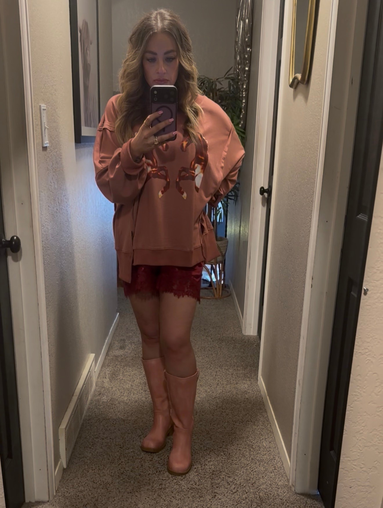 Free People look for less. Horse sweater, lace shorts, pink Steve Madden Boots. 😍

#LTKOver40 #LTKSeasonal #LTKSaleAlert