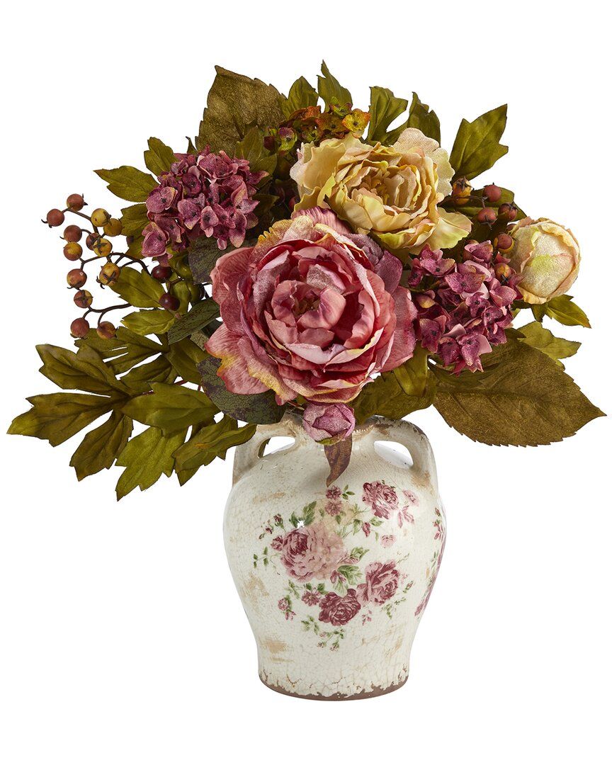 Nearly Natural 16in Peony Artificial Arrangement In Flower Print Jar | Gilt