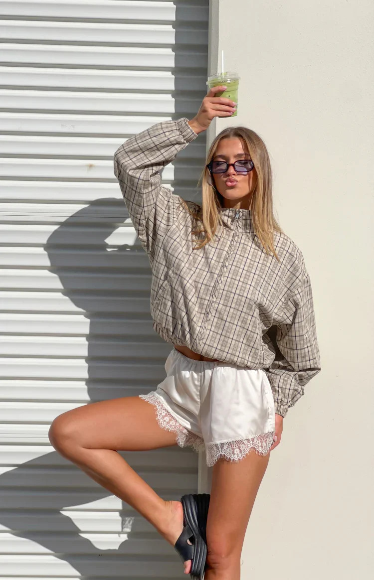 Lee Beige Plaid Funnel Neck Jacket | Beginning Boutique (US)