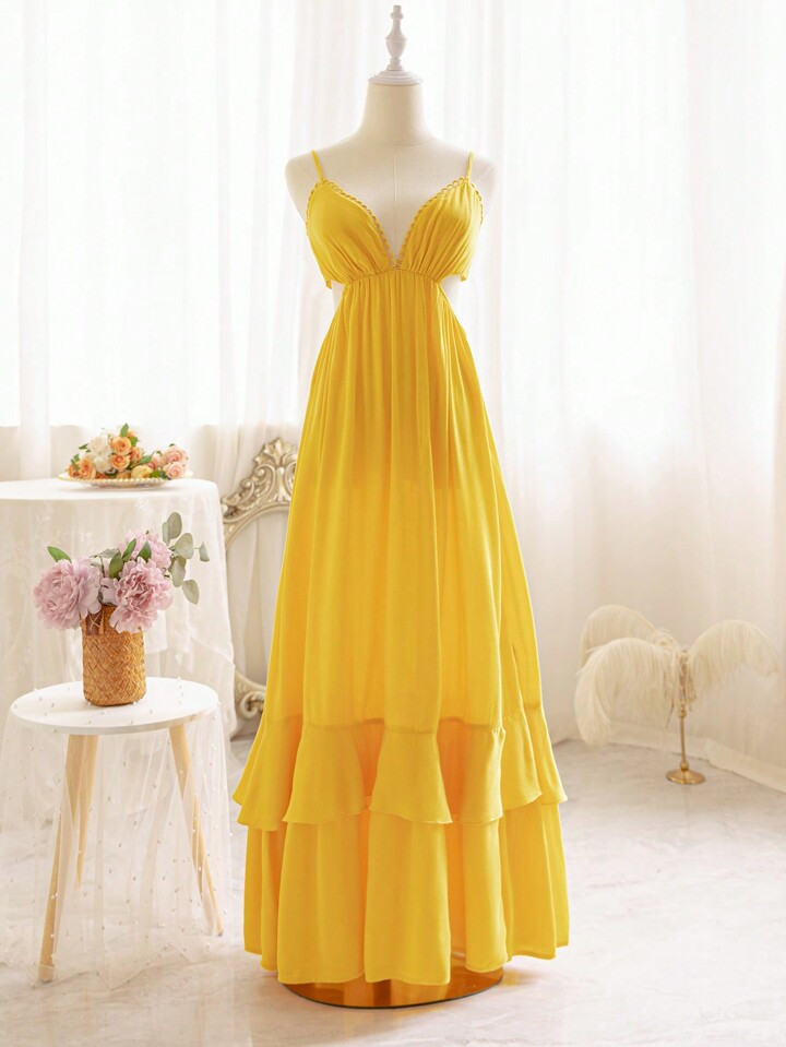 SHEIN WYWH Women Tropical Beach Vacation Casual Bright Yellow Multi-Layered Ruffle Dress. Featuri... | SHEIN