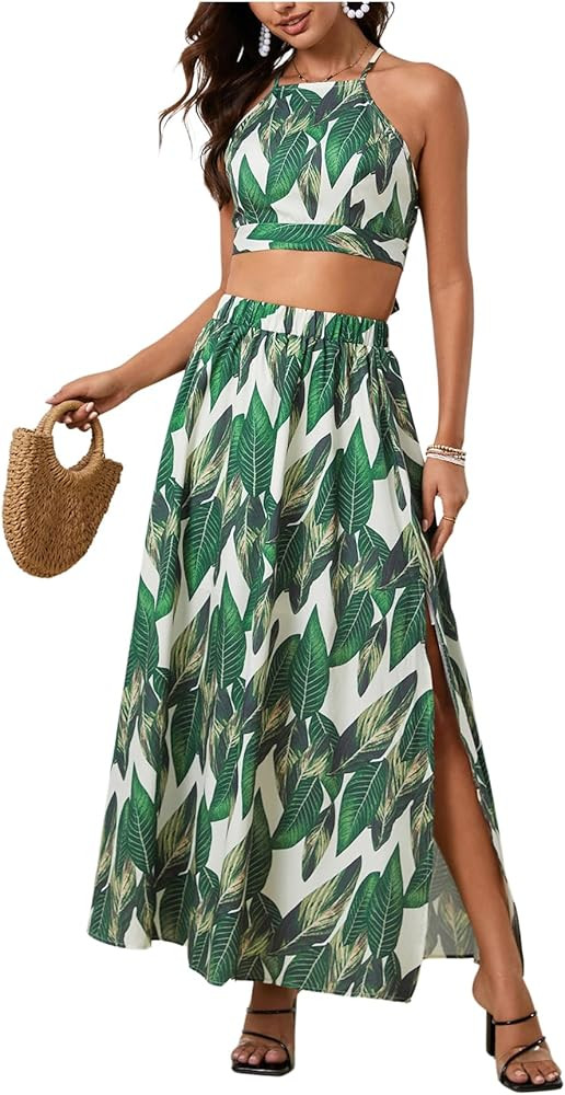 BEAUDRM Women's 2 Piece Outfits Tropical Print Beach Outfits Tie Cami Crop Top and Split Maxi Ski... | Amazon (US)