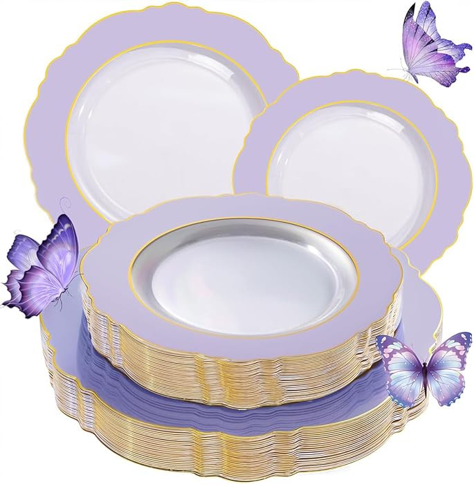 WDF 60pcs Clear Purple Plates Disposable with Gold Rim - Baroque Lavender Purple Plastic Plates f... | Amazon (US)