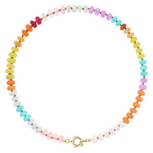 LALAPPLE Colorful Beaded Gemstone Necklace for Women, Boho Rainbow Bead Choker with Natural Stone Crystal Beads, Handmade Summer Beach Necklace Jewelry (E-rainbow3) | Amazon (US)