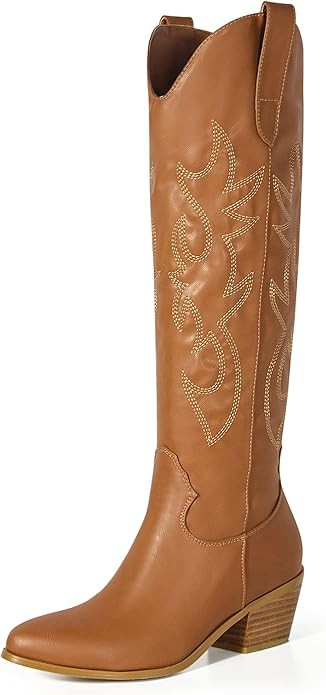 Ouepiano Cowboy Boots for Women Knee High Wide Calf Cowgirl Boots Embroidered Chunky Heels Pointe... | Amazon (US)