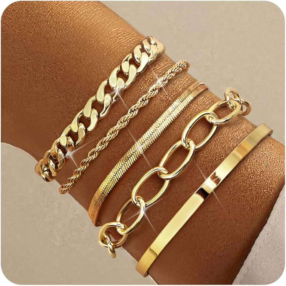 TEN MIRO 16k Chunky Gold Bracelets for Women Non Tarnish, Womens Gold Bracelet Stack Layered Chun... | Amazon (US)