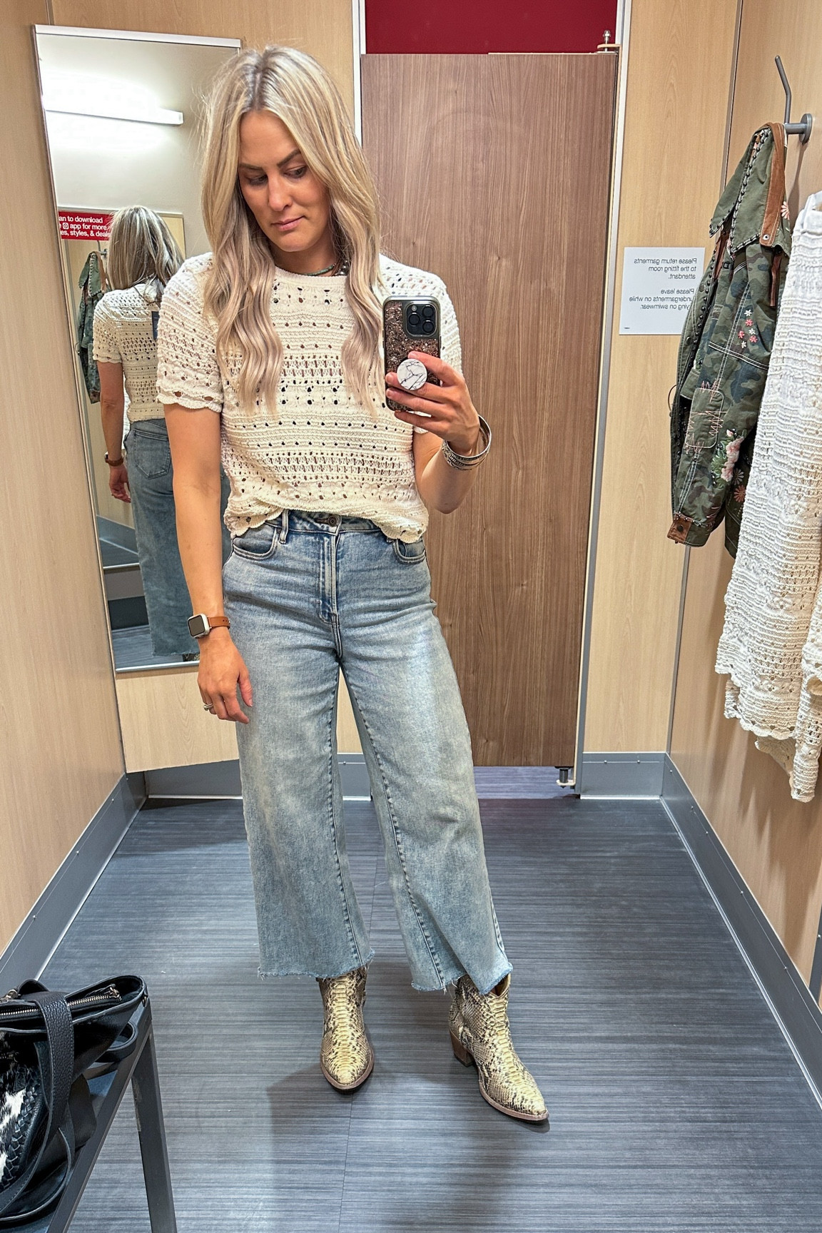 I’m loving this little sweater! This is the same sweater from the set I shared earlier. I can wear either a medium or a small—so I’d say true to size, but size down if your between sizes! 