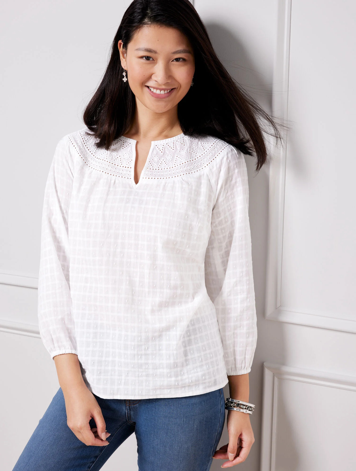 Clip Dot Eyelet Yoke Blouse | Talbots