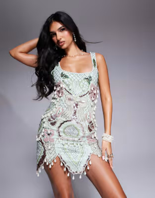 ASOS LUXE gem encrusted mini dress with pearl embellishment & scallop hem in mint | ASOS | ASOS (Global)
