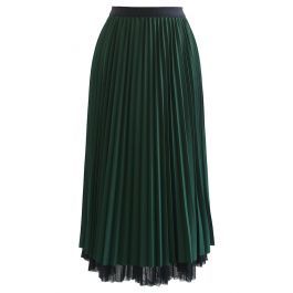 Reversible Diamond Trim Hem Mesh Pleated Skirt in Green | Chicwish