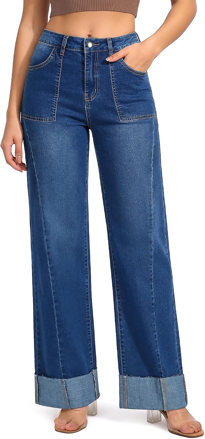 roswear Women's High Waisted Wide Leg Jeans Cuffed | Amazon (US)