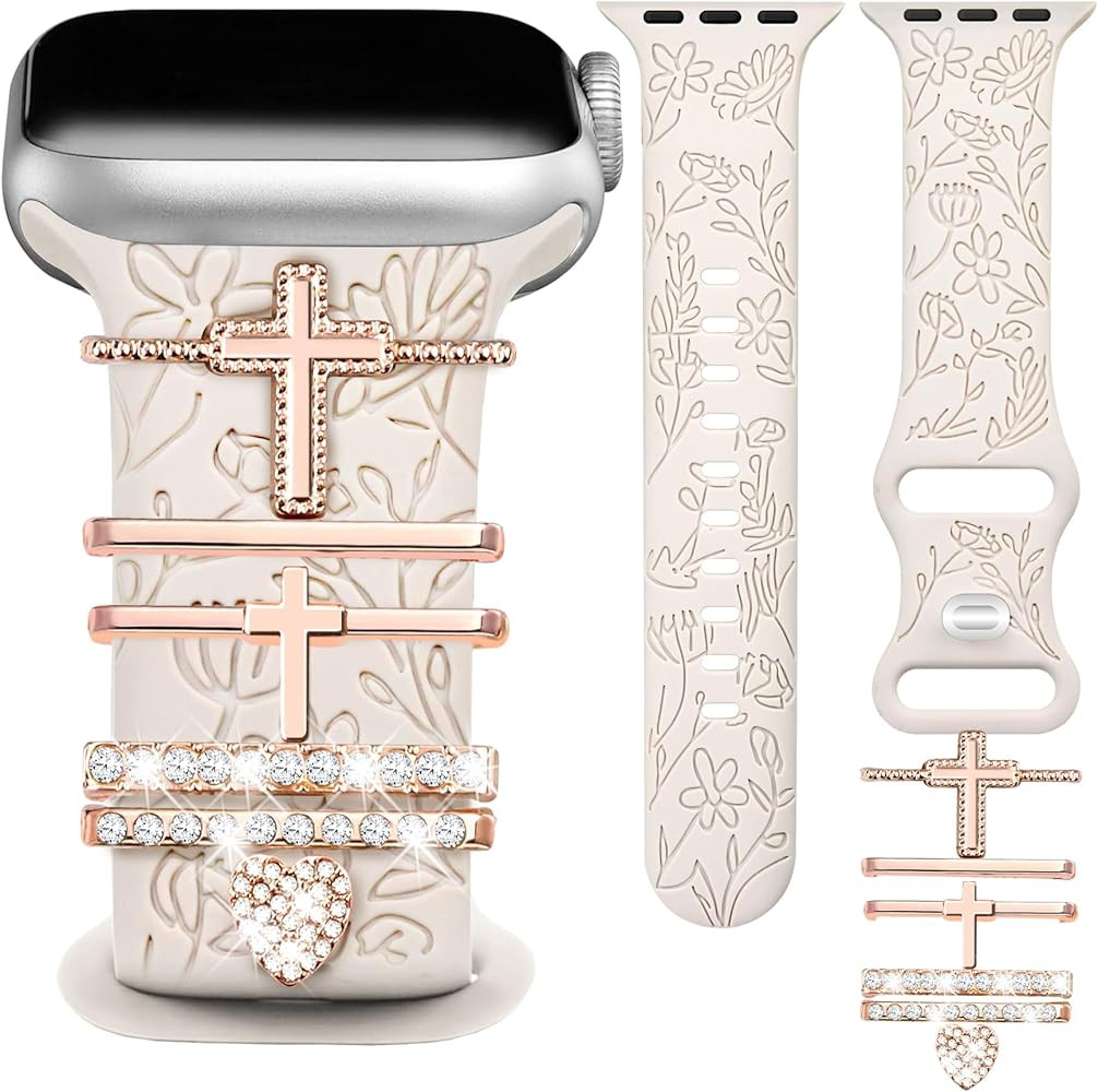 JR.DM Floral Engraved Band Compatible with Apple Watch 42mm 40mm 41mm 38mm Women, Soft Silicone D... | Amazon (US)