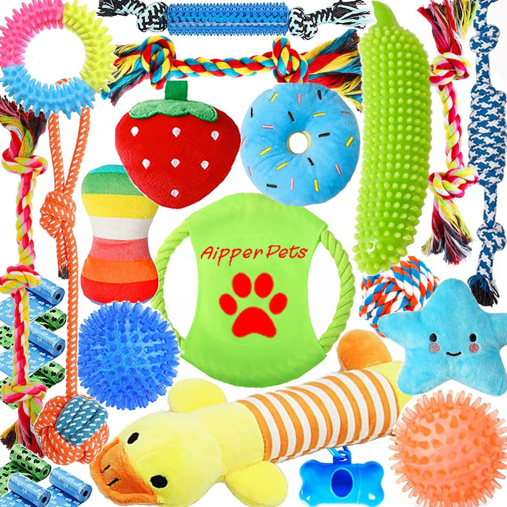 Dog Toys 25 Pack for Fun and Teeth Cleaning, Puppy Chew Toys Pack with Squeak Plush Toy,Squeaky T... | Amazon (US)