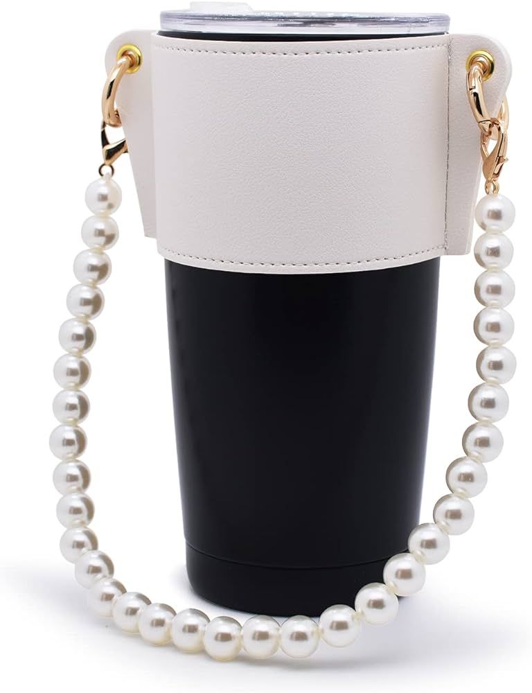 Sleeve for Tumbler Large Drinks, with Artificial Pearl Chain, Made of PU Leather, Reusable, White | Amazon (US)