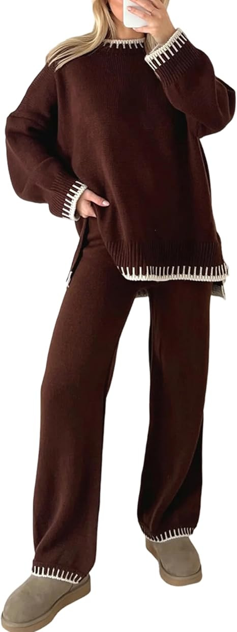 Lentta Women's 2 Piece Sweater Sets Outfits Long Sleeve Knit Pullover Tops Wide Leg Pants Lounge ... | Amazon (US)