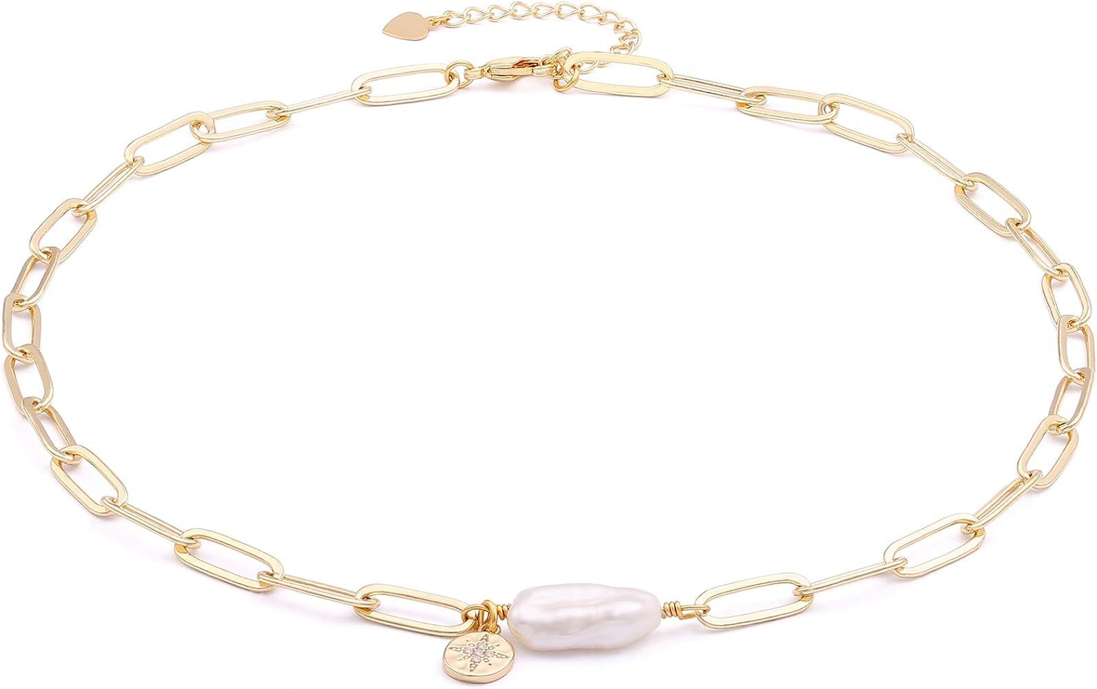 Aobei Pearl 18k Gold Paperclip Chain Choker Satellite Chain Lava Bead Pendant Necklace Dainty Jew... | Amazon (US)