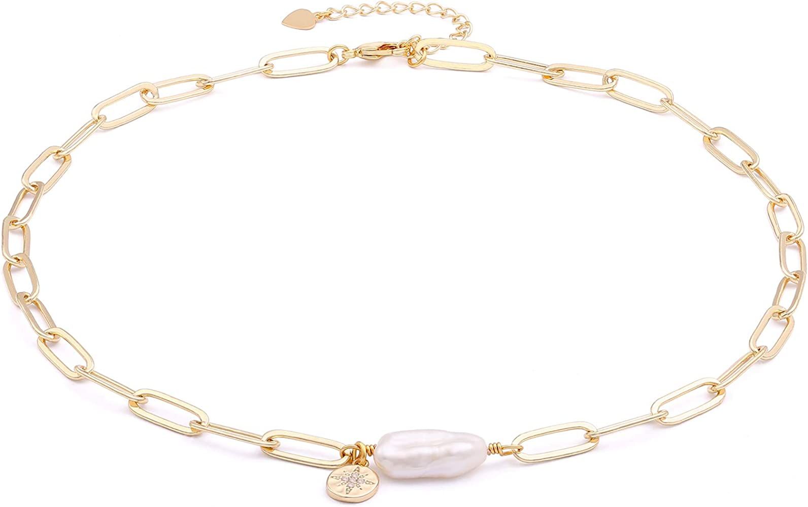 Amazon.com: Chunky 18k Gold Chain Choker Necklace Freshwater Biwa Pearl Pendant CZ Starburst Char... | Amazon (US)