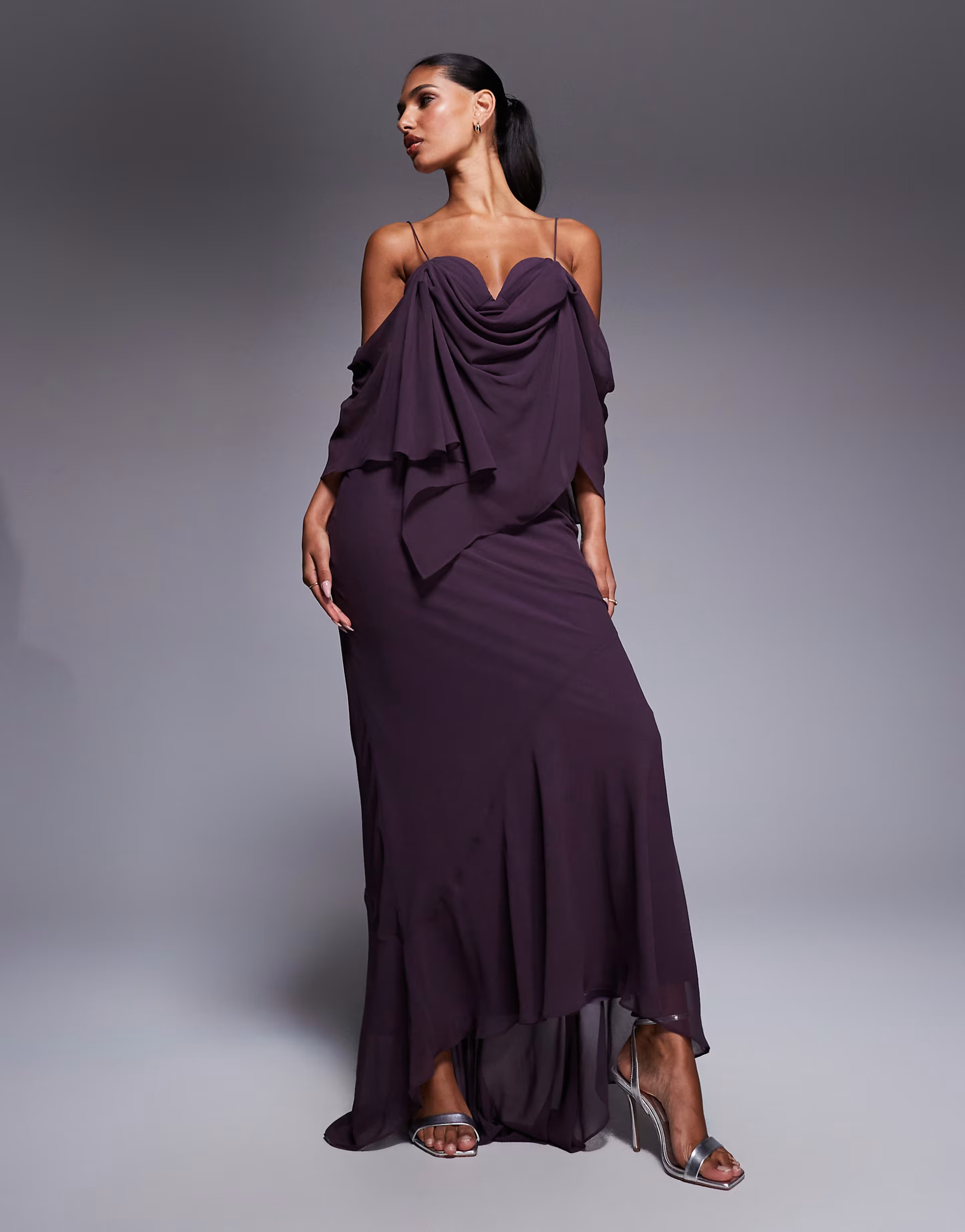 ASOS DESIGN chiffon double layer bias maxi dress with drape bust cup detail in plum | ASOS (Global)