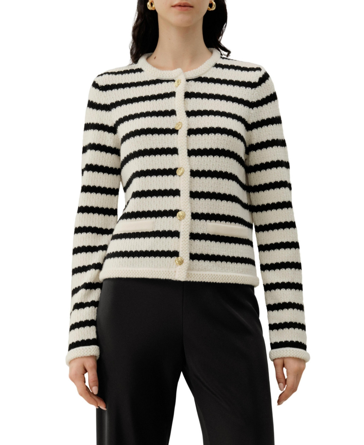 Lilysilk Women's Stripped Crochet Washable-Wool Cardigan - Blackwhite stripes | Macy's