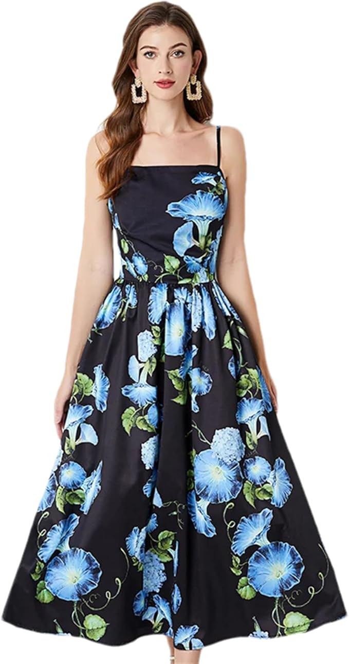 Women's Floral Backless Holiday Midi Dress Spaghetti Strap Flower Print Folds Boho Dresses | Amazon (US)