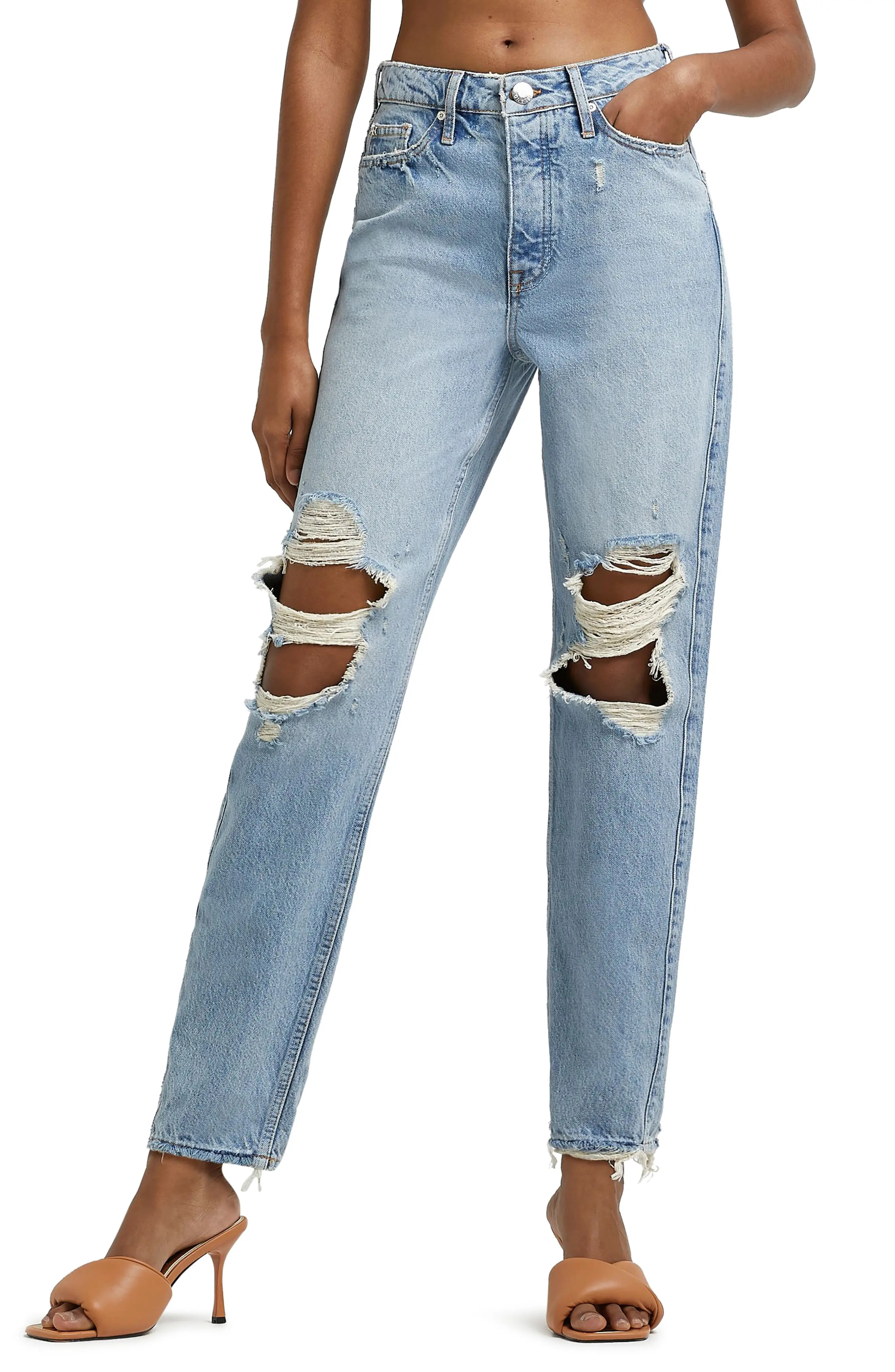 River Island Rama Ripped High Waist Mom Jeans in Medium Denim at Nordstrom, Size 4 Us | Nordstrom