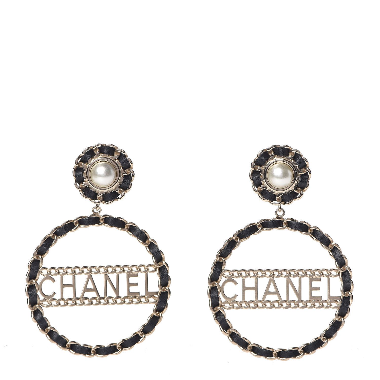 CHANEL Lambskin Pearl Logo Drop Earrings Gold Black | Fashionphile