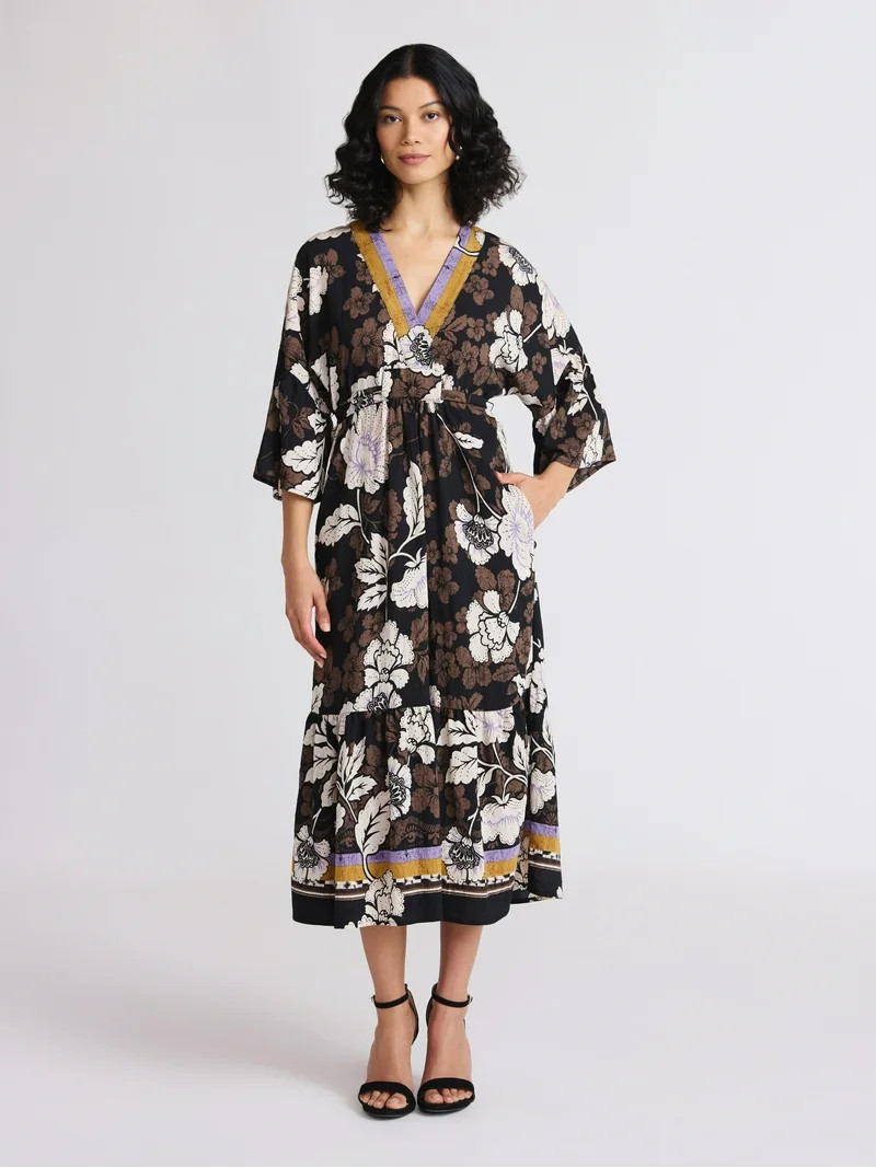 Sofia by Sofia Vergara Women's Tie Back Dress with Wide Sleeves, Mid Calf Length, Sizes XS-4X | Walmart (US)