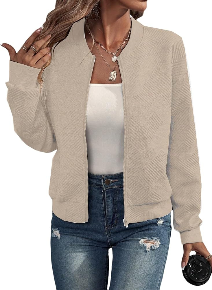 SOLY HUX Women's Cropped Bomber Jacket Textured Lightweight Zip Up Fall Fashion Outerwear Long Sl... | Amazon (US)
