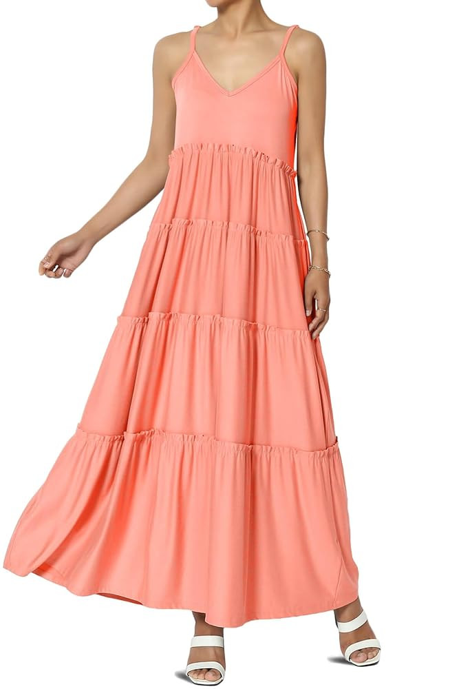 TheMogan Women's Ruffle Tiered V-Neck Cami Long Maxi Dress w Pocket Casual Summer | Amazon (US)