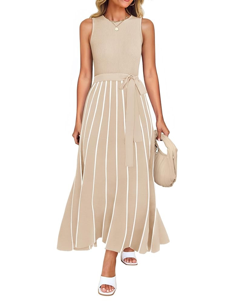 ZESICA Women's Summer Sleeveless Maxi Dress 2025 Crewneck Ribbed Knit Tie Waist Casual A Line Swe... | Amazon (US)