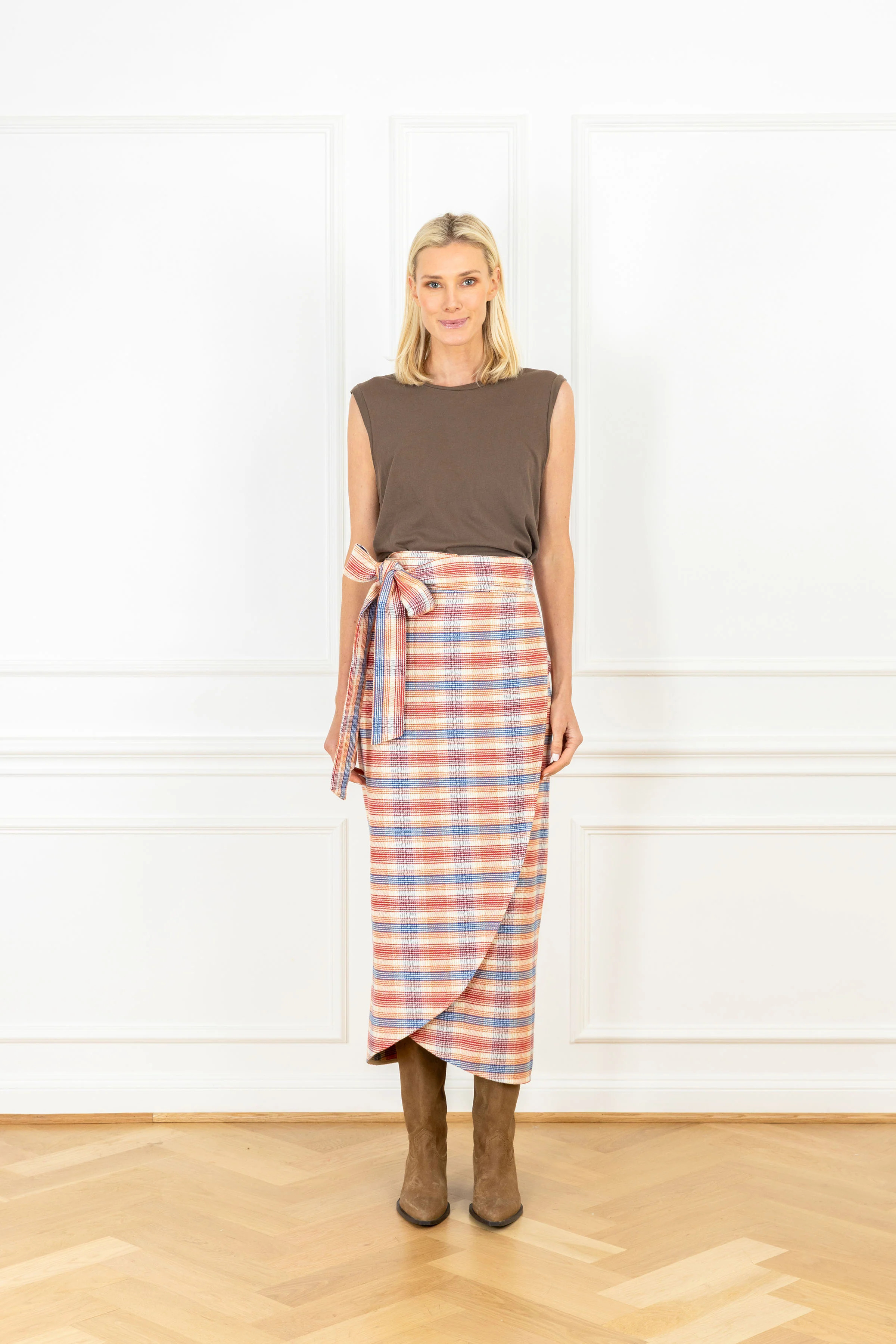 Cream Plaid Cotton Maxi Wrap Skirt | La Vie Style House