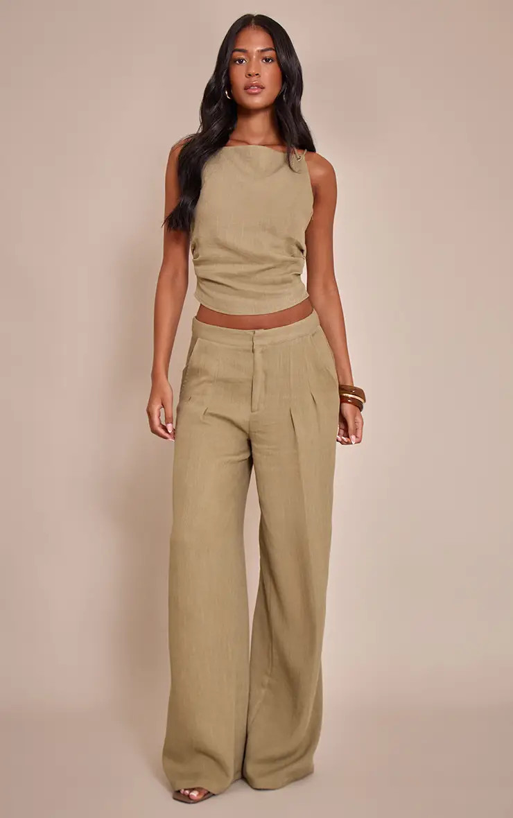 Green Tall Sage Green Textured Pleated Trouser Co-ord | PrettyLittleThing USA | PrettyLittleThing US