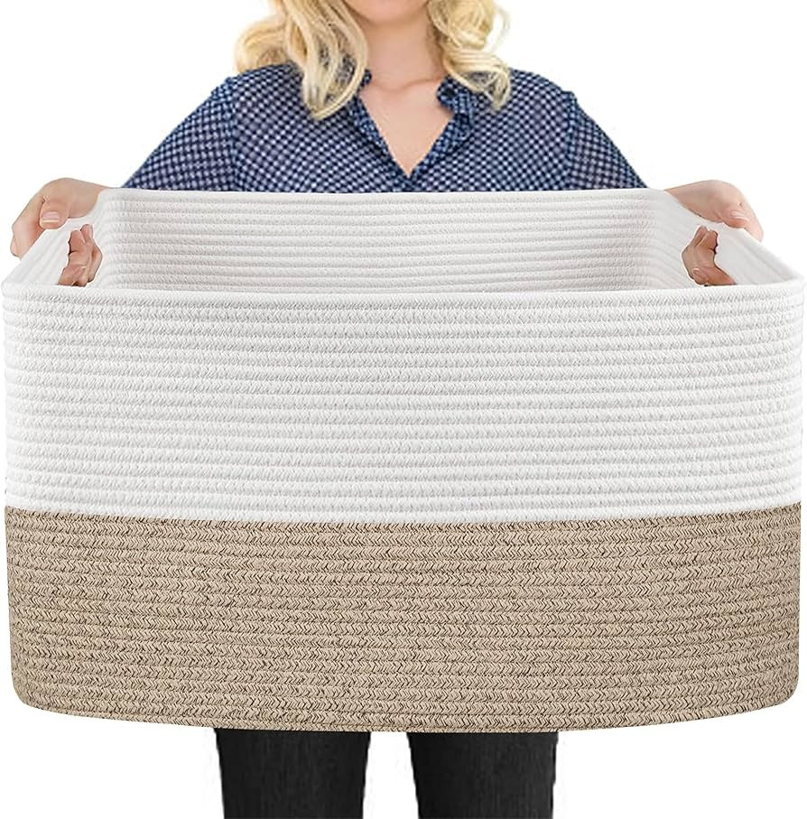Extra Large Cotton Rope Basket, 23.6" x 15.7" x 14.1" Rectangle Blanket Basket Living Room, Wicke... | Amazon (US)