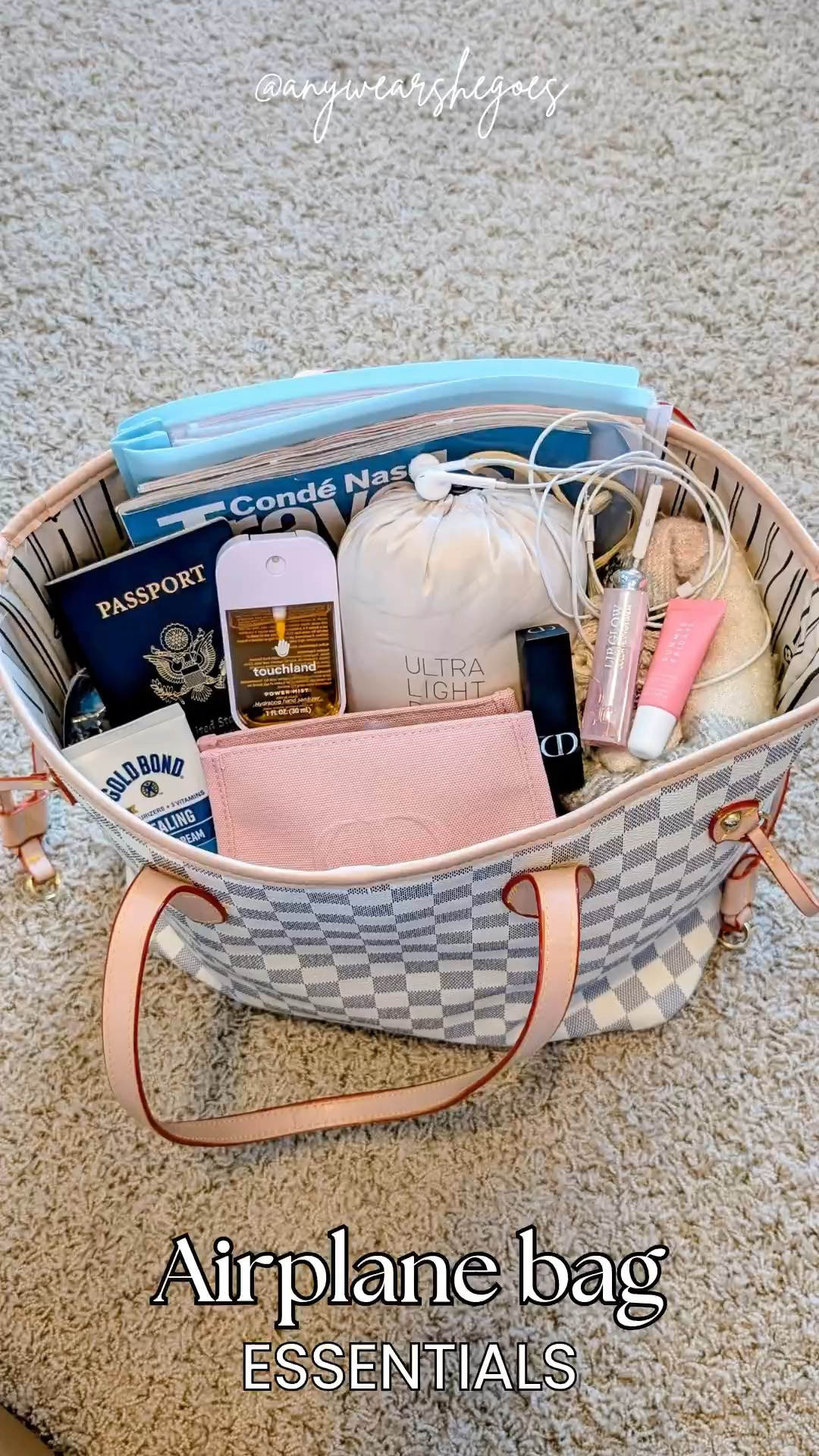 What's in a jetsetter's airplane bag? Make sure you're not missing any of these travel essentials. Warm scarf or mini blanket, packable puffer jacket, hand lotion, hand sanitizer, your favorite lipstick and lip balm (mine is Dior Forever!), and an airplane neck pillow.

