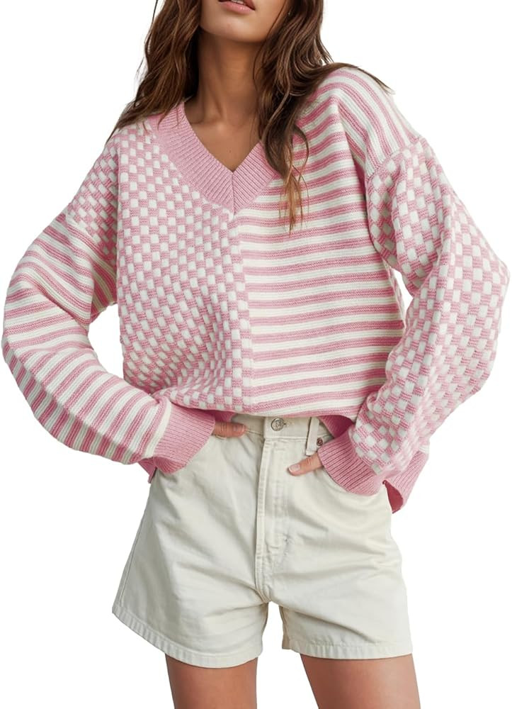 UNCLECAT Women's Striped Checkered Sweater 2025 V Neck Fall Sweaters Casual Knit Trendy Pullover ... | Amazon (US)