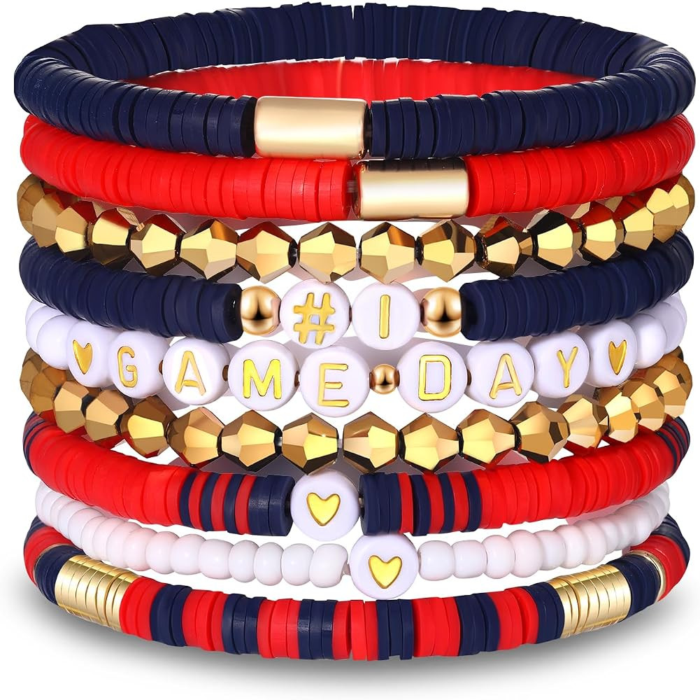 9 Pack Game Day Bracelets for Women Stackable Heishi Beaded Stretch Bracelet Football Sport Fan B... | Amazon (US)