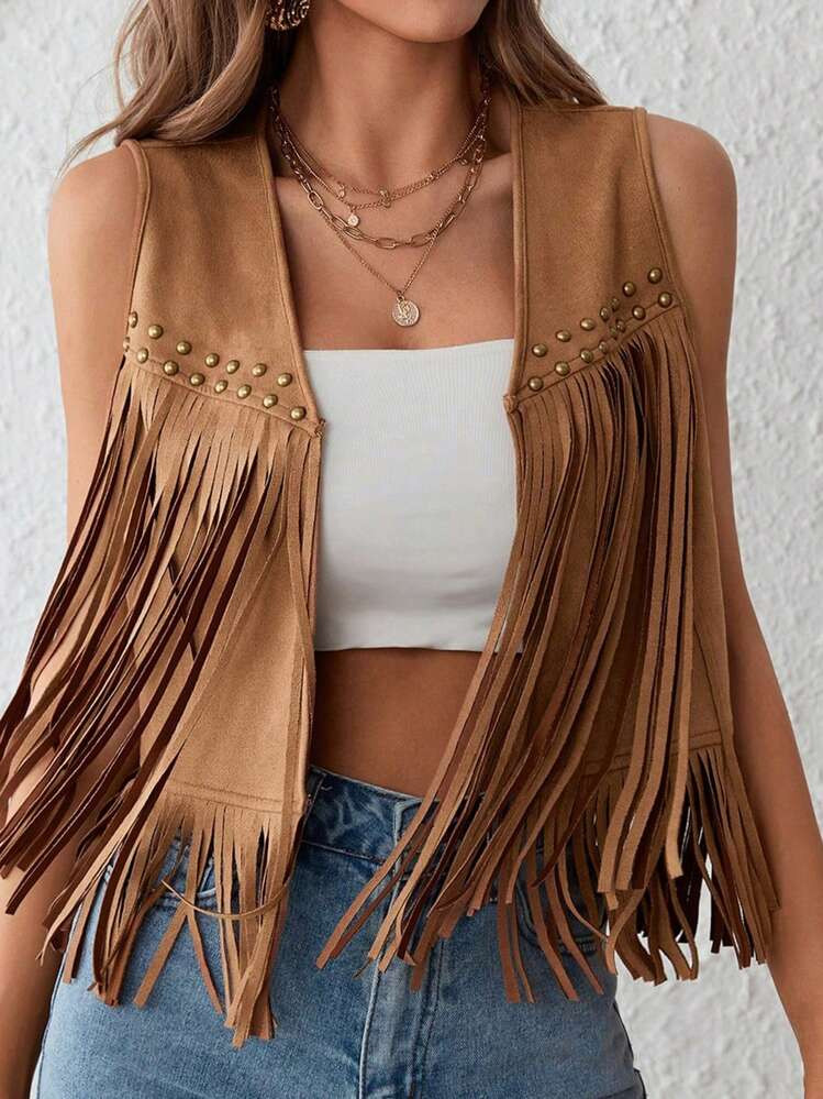 Women's Suede Tassel Vest 70s Hippie Outfit Sleeveless Open Front Vest Western Jacket | SHEIN