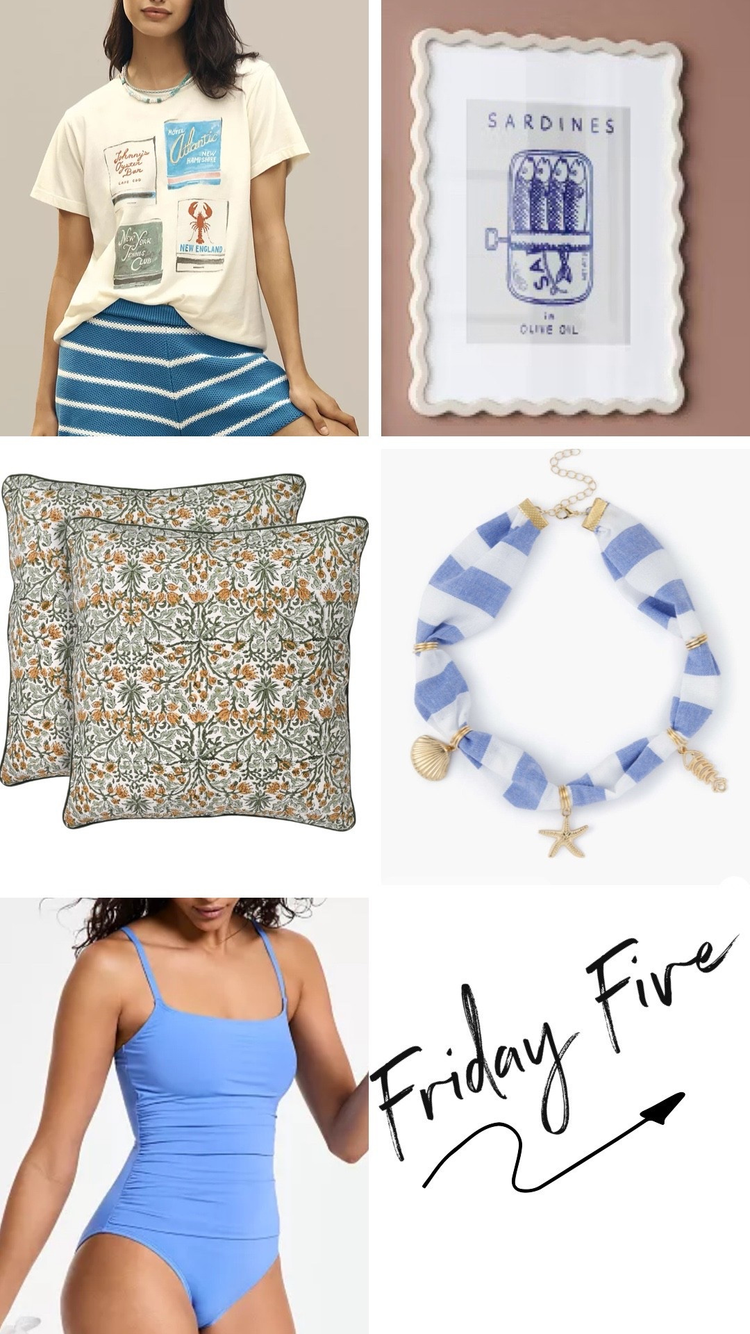 Friday five! 
Old navy fall finds
Charm necklaces
Scalloped frames
Nautical tshirt 
Major sale on one piece bathing suits!

#LTKFindsUnder50 #LTKSaleAlert
