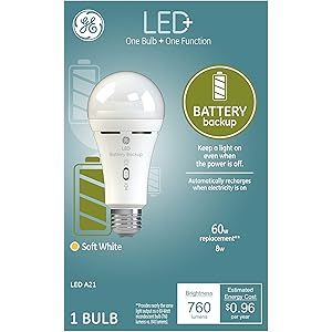 GE LED+ Rechargeable Backup Battery A21 LED Light Bulb, 60-Watt Replacement, Soft White, Medium Base | Amazon (US)